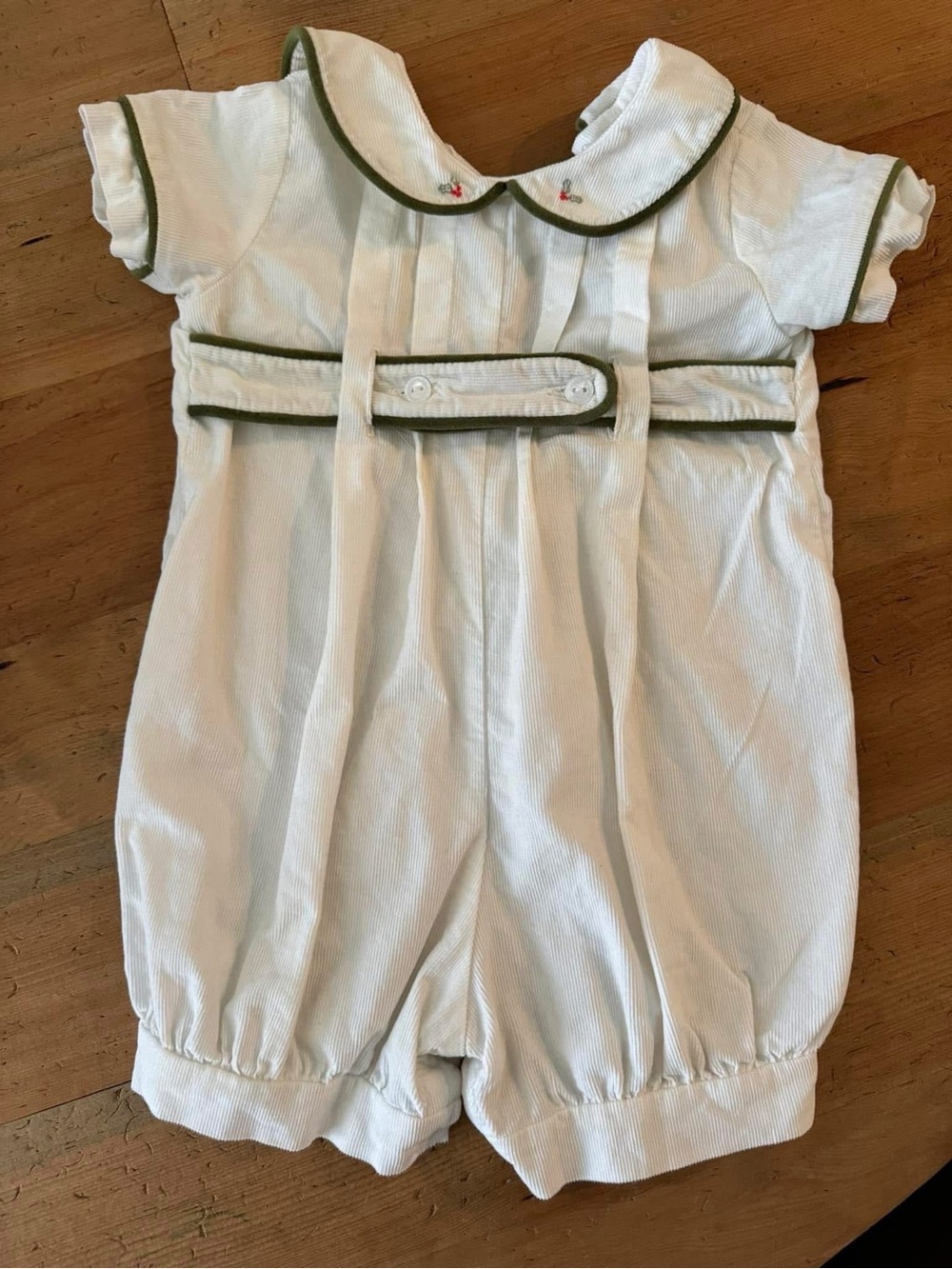 Lullaby Set White mini cord Baby Bubble Romper with Olive Trim